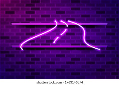 Curved bent road glowing neon sign or LED strip light. Realistic vector illustration. Purple brick wall, violet glow, metal holders.