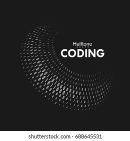 Curved binary code. 3d spherical shape with numbers 1, 0. Vector abstract technology illustration. Dynamic elements for design. Coding, cryptography, programming concept. Software development logo