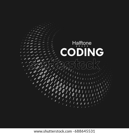 Curved binary code. 3d spherical shape with numbers 1, 0. Vector abstract technology illustration. Dynamic elements for design. Coding, cryptography, programming concept. Software development logo