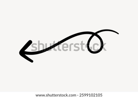 Curved black arrow with a loop on a white background. The arrow is pointing left, featuring a stylish loop. Simple, elegant arrow design with a loop. Isolated vector illustration.