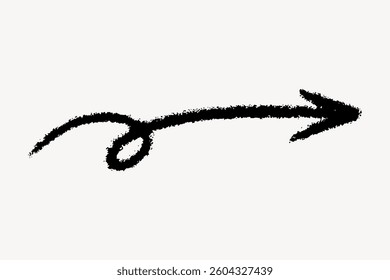 Curved black arrow with a loop, pointing right. Simple arrow design. Hand-drawn arrow illustration. Arrow with loop, black on white background. Doodle illustration vector.