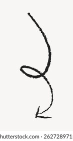 Curved black arrow on white background. The arrow curves elegantly, forming a loop. Black arrow design is simple yet striking. Arrow points downward. Doodle vector.