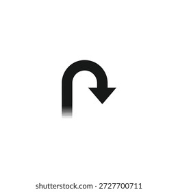 Seta preta curva apontando para baixo, ilustração da direção no plano de fundo simples