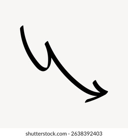 Curved black arrow pointing downwards on a light background. The arrow has a smooth, flowing design. Simple black downward arrow. Doodle arrow vector.