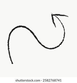Curved black arrow with a rough texture on a white background. The arrow is pointing upwards. The black arrow has a wavy, artistic design. Black doodle arrow illustration vector.
