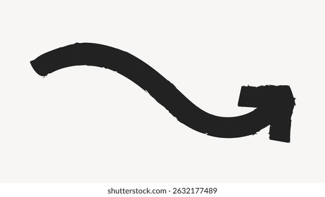 Seta preta curva com uma textura áspera, apontando para a direita. A seta é em negrito e ondulada, com uma aparência desenhada à mão. Design simples, arrojado e ondulado. Vetor de seta de rabiscar.