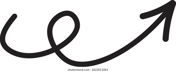 Curved black arrow vector with a swirl loop, hand-drawn in a minimalist style. Perfect for highlighting content, infographics, social media, or presentations. Isolated on a white background for easy i