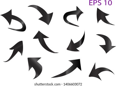 Curved black gradient arrow icons set. Transparent background. High resolution
