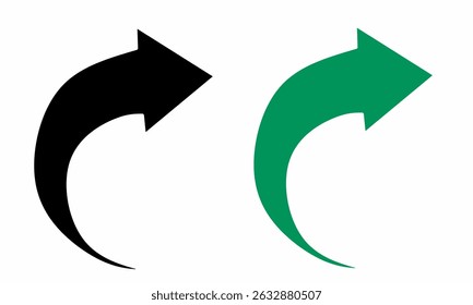 Curved black and green arrows pointing upward and right on a white background. Symbolizing rotation, return, refresh, or movement. Ideal for web icons, app interfaces, modern business design concepts