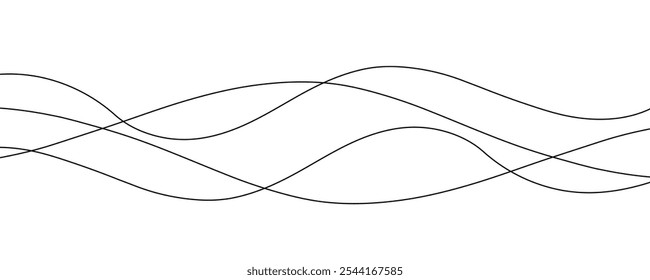 Curved black long lines on white,  Wavy line horizontal divider outline minimalist background. Abstract black lines wave curve motion on white