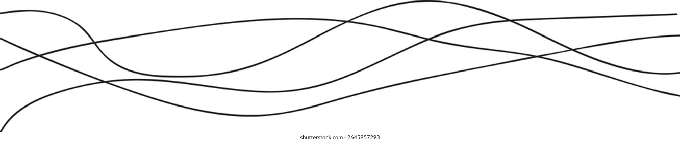 Curved black long lines on white, Wavy line horizontal divider outline minimalist Abstract black lines wave curve motion on , Background white	