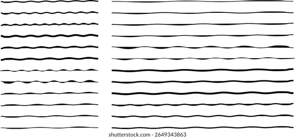 Curved black long lines on white, Wavy line horizontal divider outline horizontal divider outline vector illustration. Curved black long lines seamless pattern isolated squiggly linear doodle shapes.	