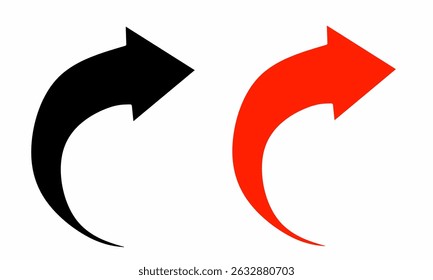 Curved black and red arrows pointing upward and right on a white background. Symbolizing rotation, return, refresh, or movement. Ideal for web icons, app interfaces, modern business design concepts