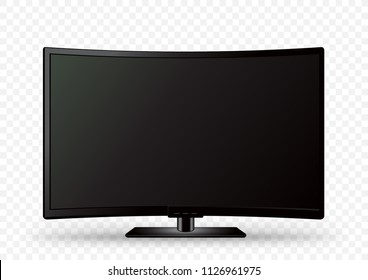 Curved Black Wall TV On Holder With Shadow On White Transparent Background. Television LED Display Screen. Flat Media Technology Eletronic Equipment. LCD Computer Monitor