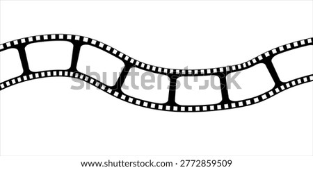 Curved black and white blank 35mm movie film strip isolated on a white background