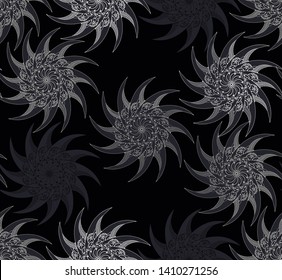 curved blades chrysanthemum style flowers seamless pattern in dark smoke shades