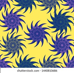 curved blades chrysanthemum style flowers seamless pattern in yellow violet blue shades