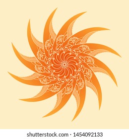 curved blades mandala rotating symbol in orange shades on ivory