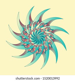curved blades mandala rotating symbol in sky blue red shades on ivory