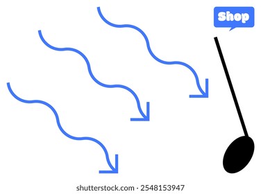 Curved blue arrows point towards a black object resembling a shopping cart. A blue speech bubble with the word Shop is present. Ideal for online shopping, e-commerce, digital marketing, retail, sales