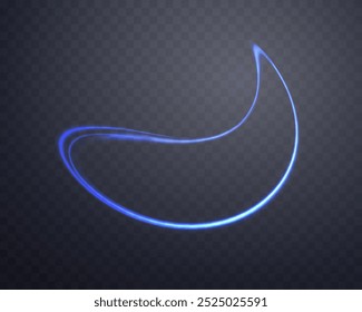 Curved blue glowing ring. Neon realistic energy flare circle. Abstract light effect on a dark transparent background. Vector illustration.