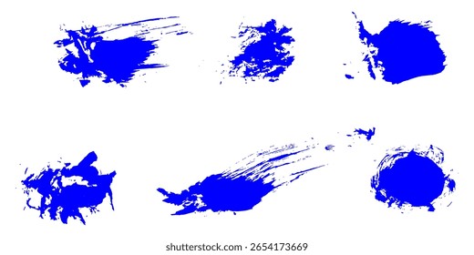 Un paquete de línea de Vector de tinta azul curvado. Trazos de pincel largos y redondeados dibujados a mano, texto resaltado, marcos y círculos. Caligrafía asiática moderna. Eps 10.