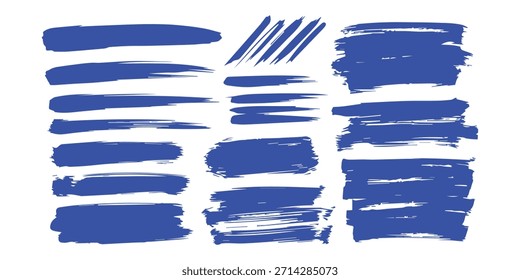 Eine gekrümmte blaue Tintenvektorlinienpackung. Lange, abgerundete, handgezeichnete Pinselstriche, markierter Text, Rahmen und Kreise. Moderne asiatische Kalligrafie. EPS 10.