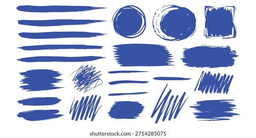 Um pacote de linha de vetor de tinta azul curvo. Traçados de pincel longos e arredondados desenhados à mão, texto realçado, quadros e círculos. Caligrafia asiática moderna. Eps 10.