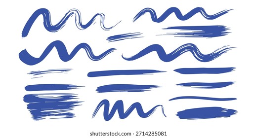 Un paquete de línea de Vector de tinta azul curvado. Trazos de pincel largos y redondeados dibujados a mano, texto resaltado, marcos y círculos. Caligrafía asiática moderna. Eps 10.