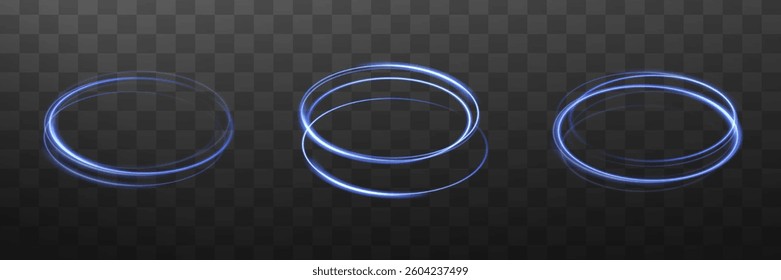 Curved blue linear light effect. Glowing spiral. Round frame. Magic circle. Energy flow tunnel. Round frames set. Abstract luxury blue  light vector semicircle flash and sparkling light effect.