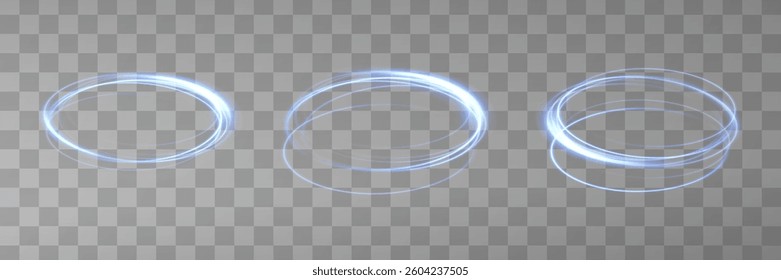Curved blue linear light effect. Glowing spiral. Round frame. Magic circle. Energy flow tunnel. Round frames set. Abstract luxury blue  light vector semicircle flash and sparkling light effect.
