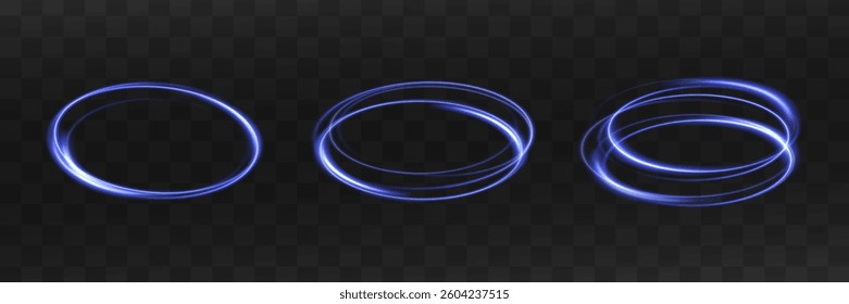 Curved blue linear light effect. Glowing spiral. Round frame. Magic circle. Energy flow tunnel. Round frames set. Abstract luxury blue  light vector semicircle flash and sparkling light effect.