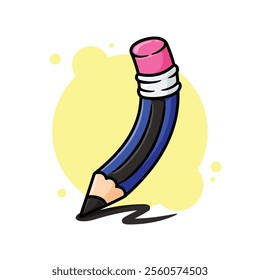 Curved Blue Pencil with Eraser Cartoon Icon Vector Illustration. Isolated background. School office stationery supplies