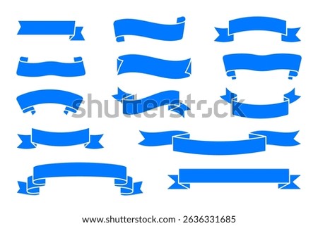 Curved Blue Ribbon Banner Vector Set – Decorative Wavy Banners and Blank Labels for Retro and Vintage Design