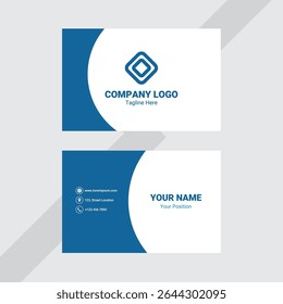 Curved blue shape design with logo and contact details.