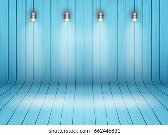 Curved Blue wooden background with spotlights. Presentation and mockup platform. Vector Illustration.