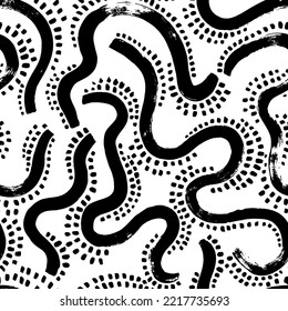 Curved bold brush strokes seamless pattern. Hand drawn chaotic ink brush scribbles decorative texture with dots. Vector messy doodles, bold curvy lines illustration. Black and white organic ornament.