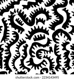 El audaz pincel curvado traza un patrón sin fisuras. Dibujando a mano chaóticos garabatos de pincel de tinta. Dibujos de vectores desordenados, ilustración de líneas de curvas audaces. Ornamento orgánico blanco y negro.