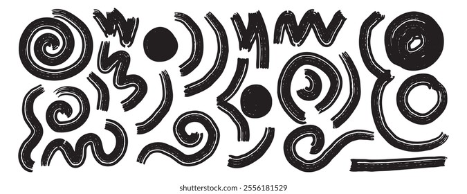 curved bold lines set, doodle black arches and circular brush strokes. Hand drawn thick rough lines, swirls. Abstract trendy vector squiggles. Vector illustration