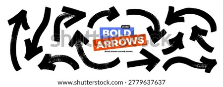 Curved bold and thick brush drawn arrows collection. Hand drawn inky png illustration. Organic thick sketchy arrow in different directions. Bold marker grunge strokes, curved pointer lines.