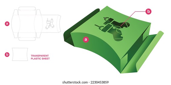 Curved box and Christmas sock window with transparent plastic sheet die cut template