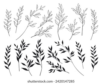 Curved branches with leaves. White leaves with a black outline and black silhouettes. Vector set of twigs. Bending twigs on a white background. Vector illustration.