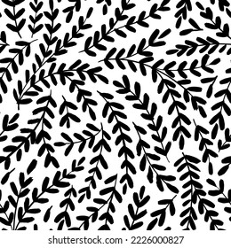 Curved branches with small leaves seamless pattern. Botanical stylish background. Brush drawn vector ornament. Seamless stylized leaf pattern. Hand drawn foliage black silhouettes.