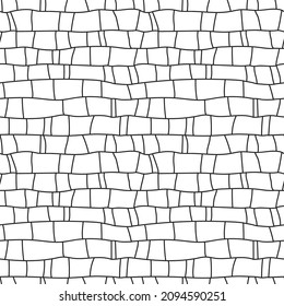 Curved brick wall hand drawn seamless pattern, black and white curve lines texture. Doodle style vector.