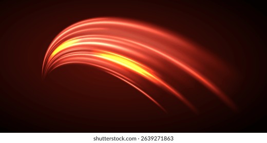 Curved bright swirls speed line.Neon red light effect.Light speed trace.Vector.Eps 10.