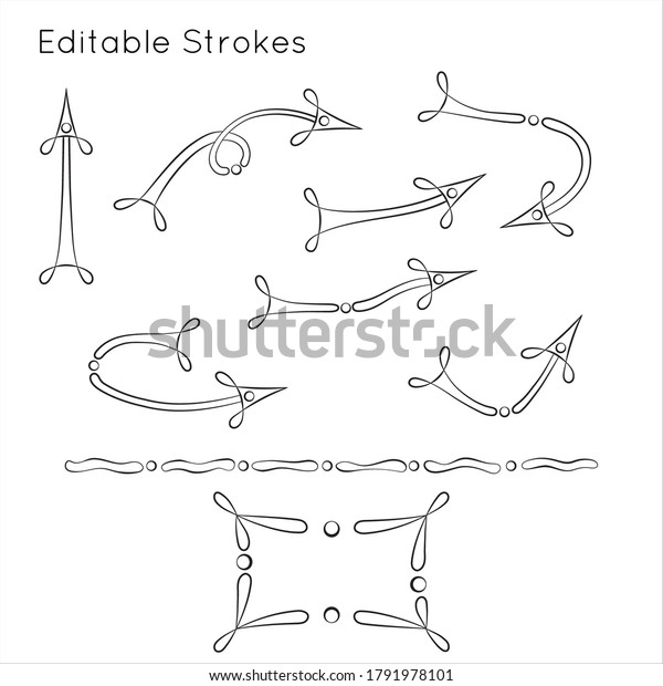 Curved, broken and twisted\
arrows with small loops. Vector set of pointers with text divider,d\
frame