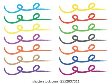Curved brush or pencil stroke icon sheet in blue, yellow, red, pink, green, and orange