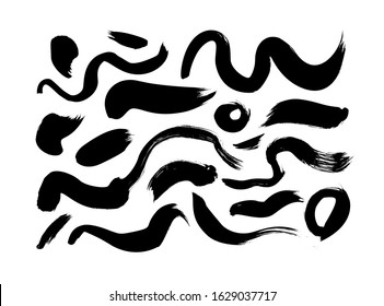 Curved brush stroke vector collection. Set of black paint grunge ink elements isolated on white background. Calligraphy smears, swirls, lines, circles and dots. Black ink brush stroke set illustration