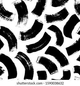 Curved Brushstrokes Hand Drawn Vector Seamless Pattern. Grunge Arcuate Stripes Minimalist Printmaking Texture. Dirty And Rough Background. Monochrome Black & White Wallpaper, Wrapping Design Idea