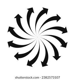 Curved bursting arrows circle silhouette icon. A circular arrangement of black arrow shapes. Isolated on a white background.